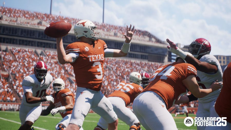 Texas quarterback quinn evers gets ready to heave a pass as the defensive end rushes from the blindside in COllege football 25