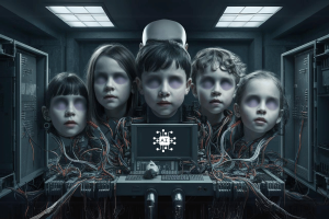 Children's photos are being illegally used to train AI. A futuristic scene depicting five young children connected to a complex network of wires and electronic devices in a dimly lit server room. Each child is plugged into the system, suggesting they are part of a larger experiment or simulation. In front of them, there is a laptop displaying a symbol that represents artificial intelligence, indicating a connection between the children and AI technology. The atmosphere is somber and technologically advanced, emphasizing a sci-fi theme.