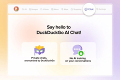 DuckDuckGo gives access to AI chatbots, pledging anonymity and privacy. The image shows a screenshot of a webpage from DuckDuckGo introducing a new feature called "DuckDuckGo AI Chat". This feature appears to be a chatbot interface within DuckDuckGo's search engine. The webpage highlights two key features of the AI Chat: "Private chats, anonymized by DuckDuckGo" and "No AI training on your conversations", indicating a focus on user privacy and data security. The user interface is clean and uses a soft color palette with icons representing privacy and chat functionalities.