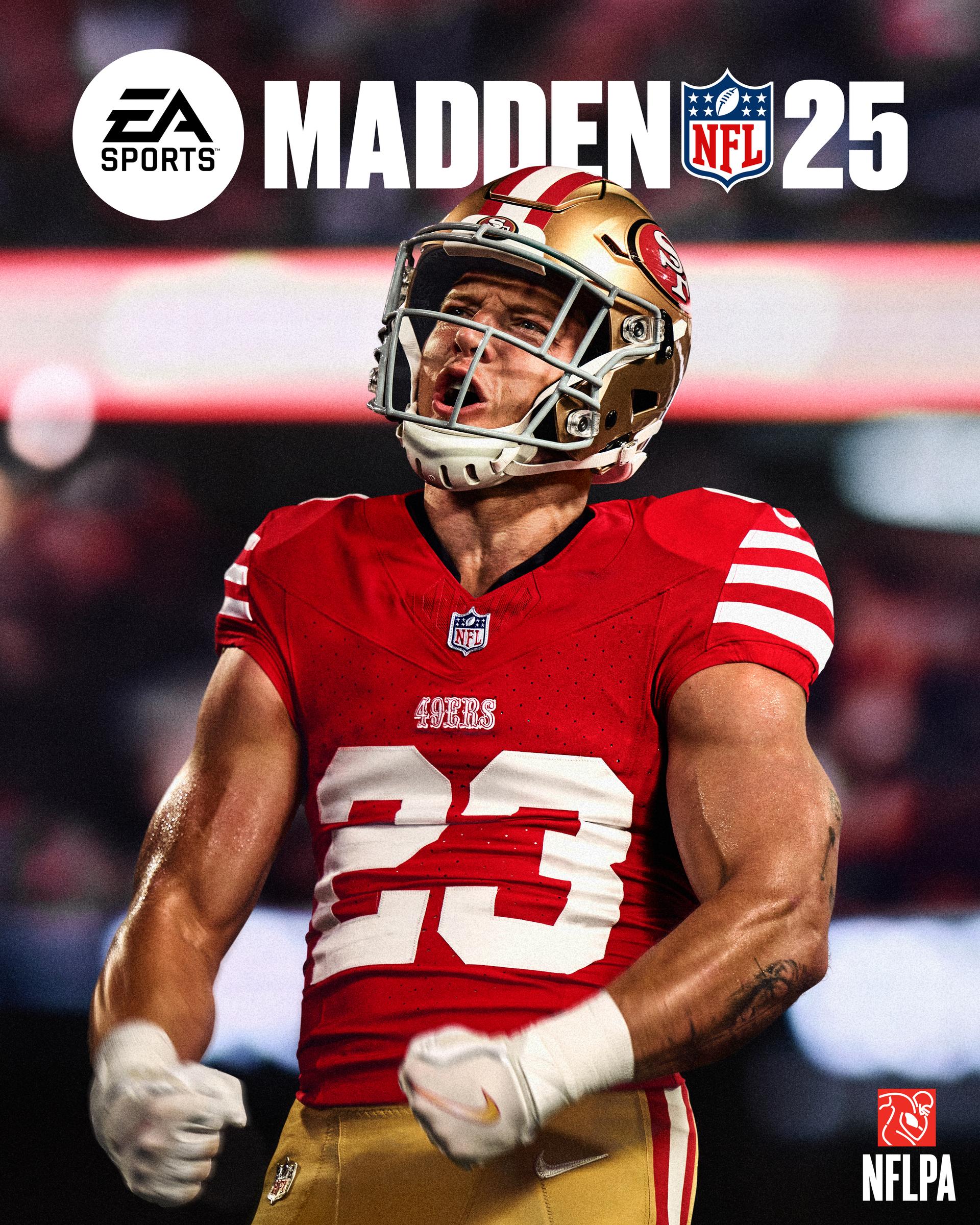 Christian McCaffrey of the San Francisco 49ers celebrating a big play on the cover of Madden NFL 25