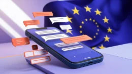 A modern, serious depiction of the European Union's new regulatory bill allowing apps to scan users' messages for child sexual abuse content.The scene is set in a digital environment, with a background featuring the European Union flag prominently displayed, symbolizing the regulatory aspect.