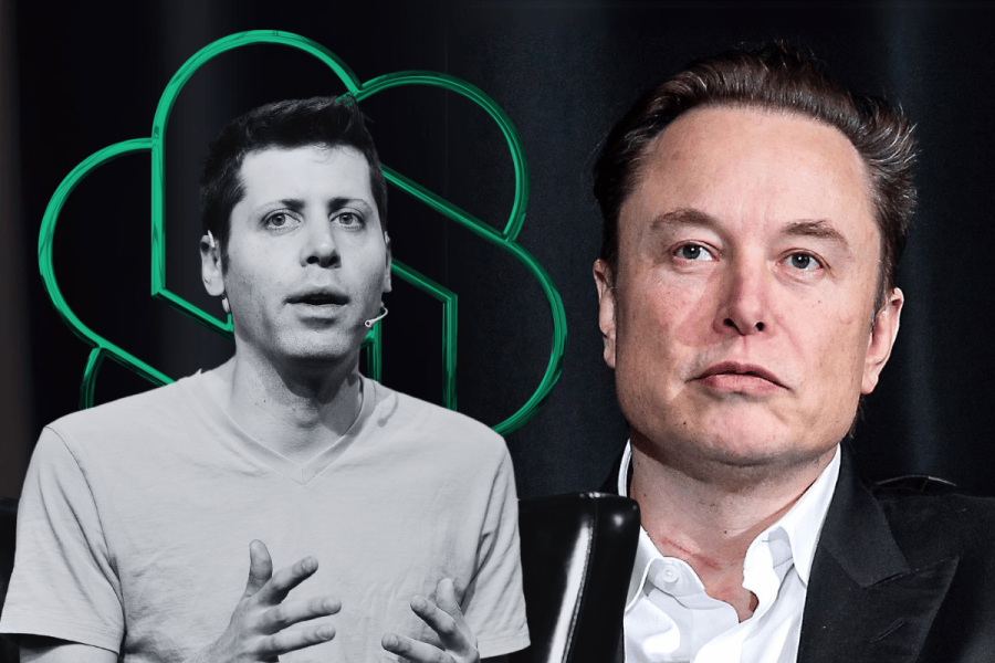Elon Musk withdraws lawsuit against OpenAI and CEO Sam Altman. The image features Sam Altman on the left and Elon Musk on the right against a black background. Altman is shown in black and white, actively speaking and gesticulating, seemingly in the middle of an explanation. Behind him, a neon green cloud-like symbol is visible. Musk, depicted in color, appears serious and focused, dressed in a white shirt under a black suit.