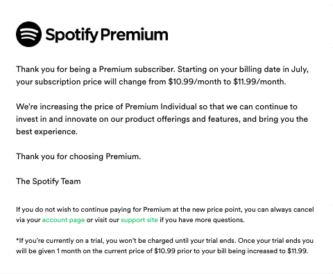 Spotify email screenshot explaining how a price rise is coming for US users