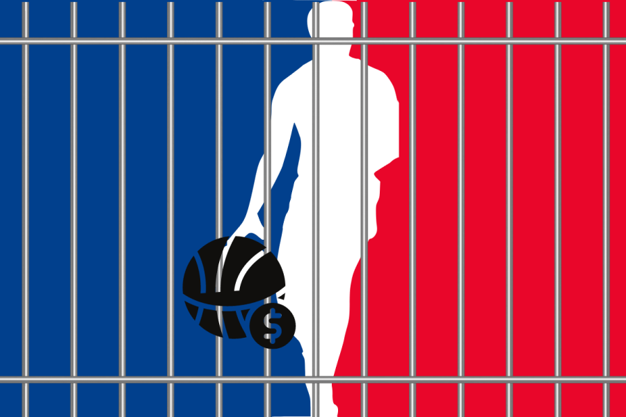 Fourth man arrested in NBA betting scandal involving Jontay Porter. The image depicts a stylized representation of a basketball player, silhouetted in white, holding a basketball with a dollar sign on it. The player is set against a background divided into vertical stripes of blue and red, with jail bars overlaying the image. This visual metaphorically represents a basketball player involved in a financial scandal leading to legal consequences.