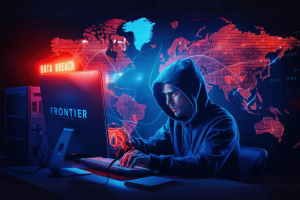 Frontier Communications data breach affects over 750K customers. An image depicting a hacker at work, set against a dramatic backdrop of a world map illuminated with digital connections. The scene is bathed in intense blue and red lighting. The hacker, wearing a hooded sweatshirt, is intensely focused on a computer screen displaying the text "FRONTIER" and a neon sign that reads "DATA BREACH." The setting conveys a sense of urgency and threat, emphasizing the global impact of cybersecurity issues.