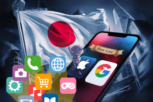 Japan passes law to boost competition in app stores, targeting Apple and Google. This image depicts a composition illustrating a new law passed in Japan related to competition in app stores, focusing on tech giants like Apple and Google. The foreground features a large smartphone displaying an icon labeled "New Law" with a robot hovering over it. The backdrop includes the national flag of Japan, towering skyscrapers symbolizing a metropolitan area, and various app icons scattered around the image, representing the technological and legal themes of the scenario. The overall design emphasizes the intersection of technology, legislation, and national policy in Japan.