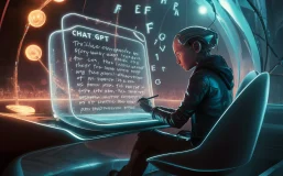 A cinematic scene of a futuristic AI named ChatGPT, sitting in a high-tech, illuminated chamber. The AI is busy writing a thrilling story on a sleek, transparent screen, with glowing holographic letters floating around it. The atmosphere is a mix of sci-fi and surreal, with neon colors and futuristic elements, such as glowing orbs and metallic structures.