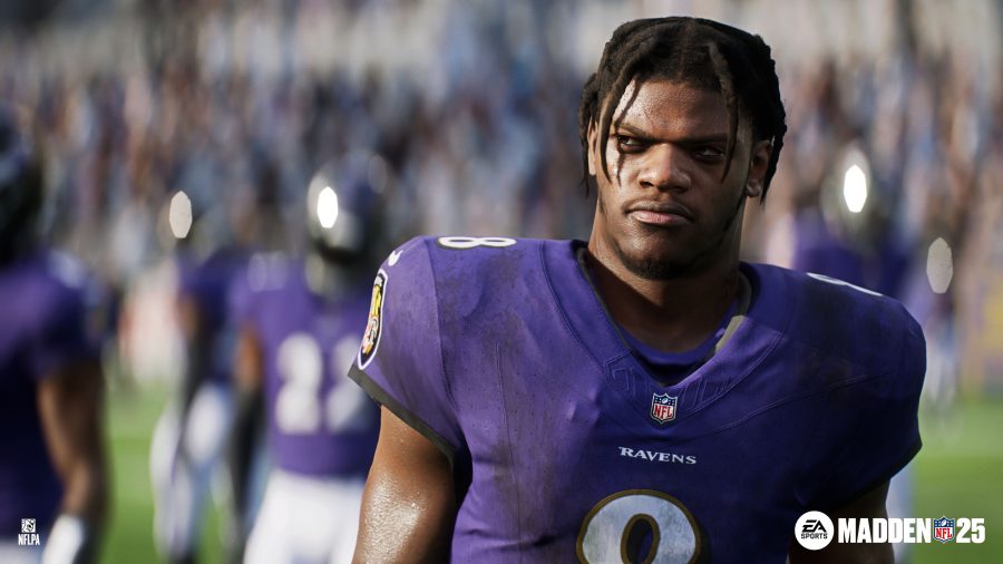 Closeup of Baltimore's Lamar Jackson, as he appears in Madden NFL 25
