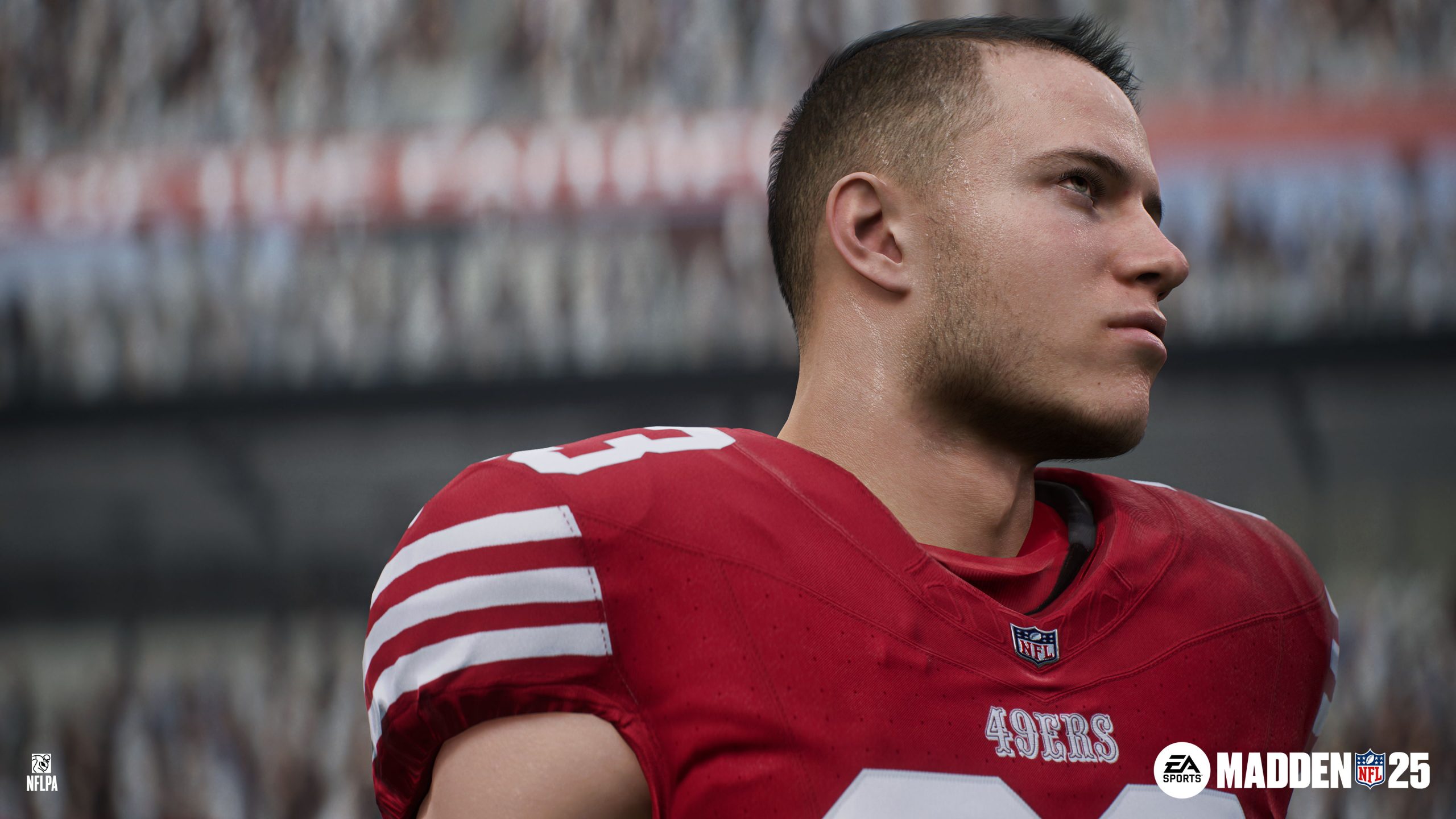 Closeup of Christian McCaffrey, San Francisco 49ers, in Madden NFL 25