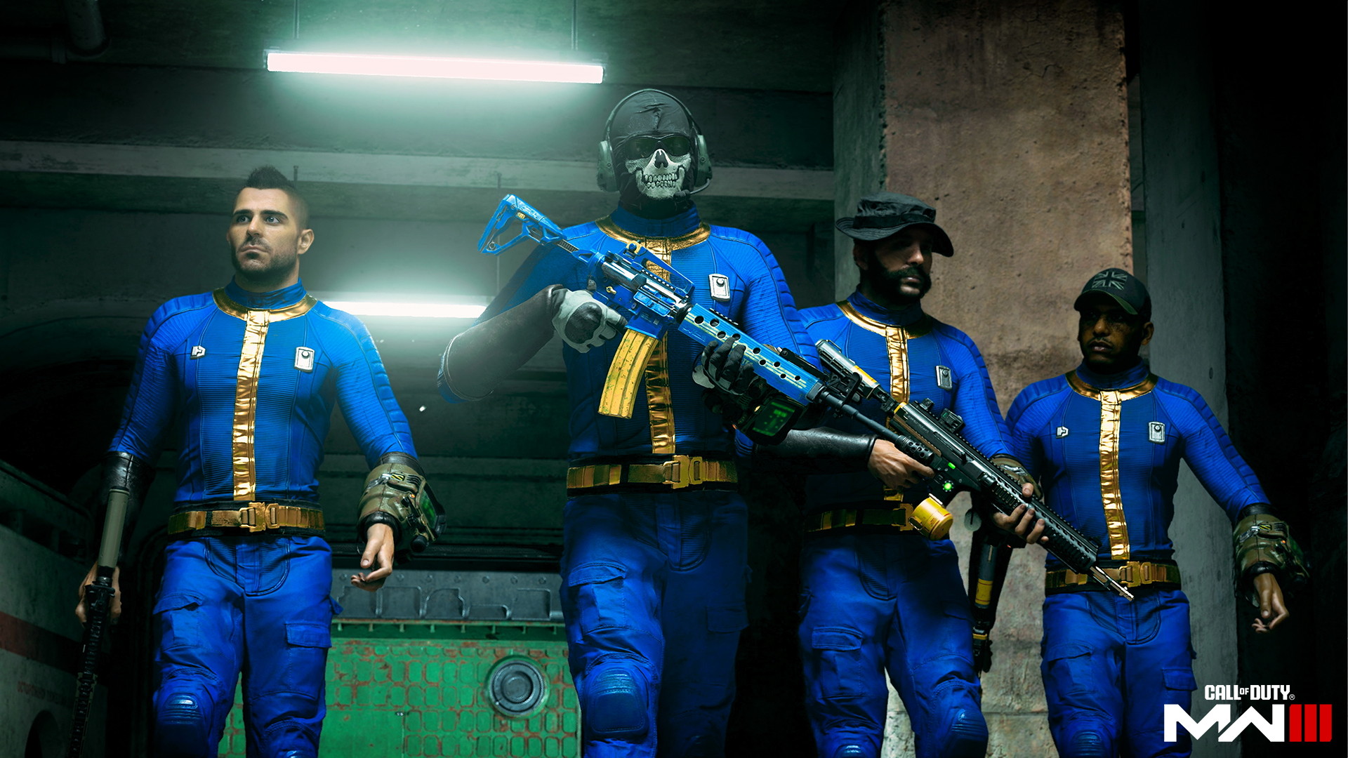 Call of Duty's four operators, dressed in Fallout Vault suits, stride down a subterranean corridor lit overhead by fluorescent lights