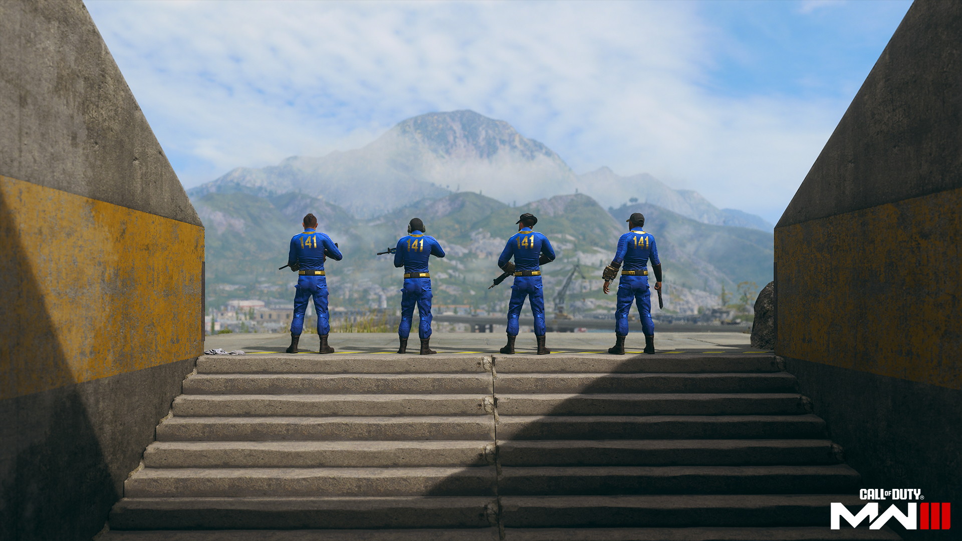 Call of Duty operators dressed in Fallout Vault Suits appear to emerge from an underground bunker to blue skies 