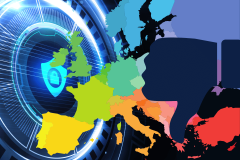Meta delays AI launch in Europe as it faces complaints over data protection. The image illustrates a conceptual map of Europe with a digital shield symbolizing data protection prominently displayed over the continent. The countries are depicted in different colors, and a technological design surrounds the map, suggesting advanced digital surveillance or protection measures. There is a Facebook thumbs down emoji depicting Meta's reaction to the decision. The overall theme communicates heightened digital security or regulatory measures across Europe, possibly related to data privacy issues.
