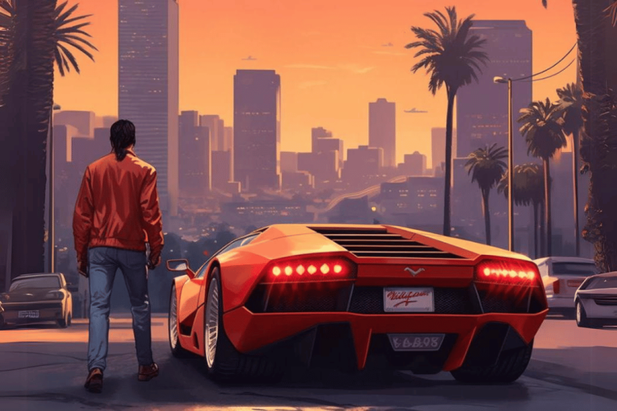 No new GTA 6 trailer at this year's Summer Games Fest. The image features a digital artwork of a man standing next to a bright red sports car with futuristic design elements, looking towards a sprawling city skyline during sunset. The city is filled with tall buildings under a warm, orange sky, and palm trees line the street. The scene captures a stylish, modern aesthetic, reminiscent of video game art, evoking a sense of adventure and luxury.