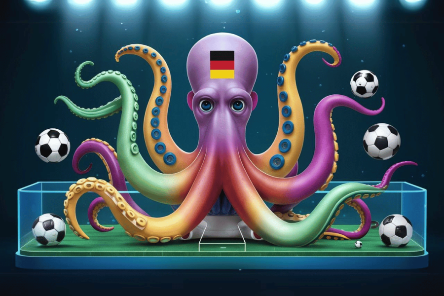 Octopus AI predicts win for Germany in Euro 2024 opener, while it's bad news for England. The image depicts a vibrant, multicolored octopus, with a German flag displayed on its forehead, playfully interacting with soccer balls within a clear, aquarium-like box. The tentacles of the octopus are various shades of green, purple, orange, and pink, each adorned with suction cups. Some tentacles are actively juggling soccer balls, adding a dynamic and whimsical element to the scene. The background is a deep sea blue, emphasizing the theme of an underwater spectacle related to soccer.