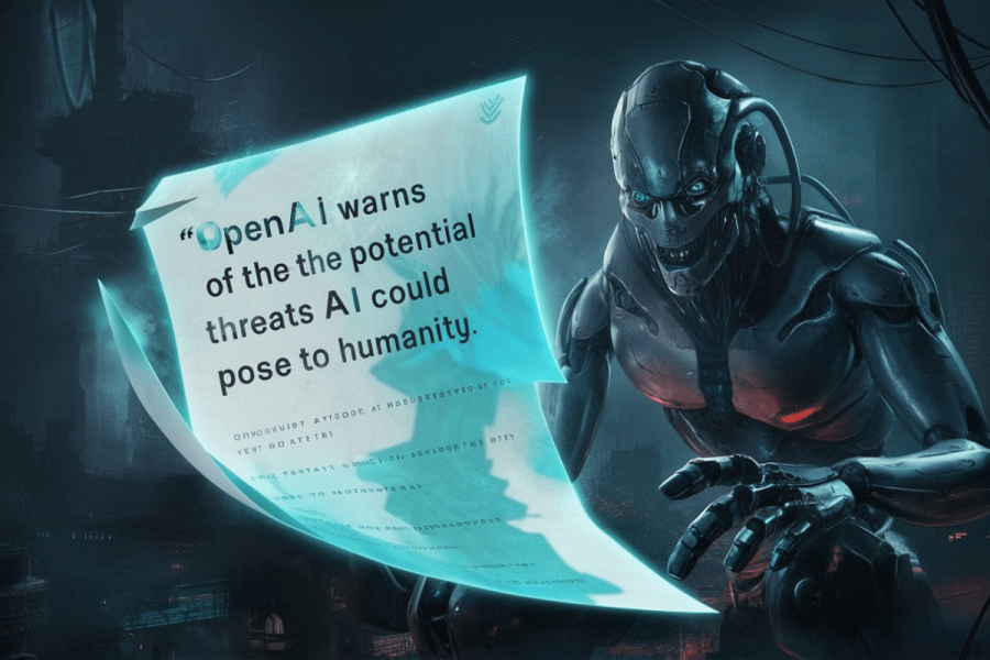OpenAI employees warn of AI's potential threats in letter. An ominous image depicting a futuristic robot in a dark, dystopian cityscape. The robot, with a menacing and highly detailed design, stands in the foreground, illuminated by a cold blue light. It holds a large, transparent digital display that projects a warning from OpenAI about the potential threats artificial intelligence could pose to humanity. The background features blurred, towering structures, enhancing the sci-fi theme of the image.