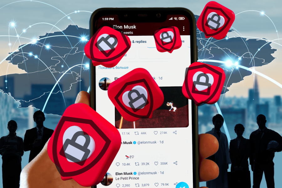 Platform X to make likes private as porn policy changes. The image depicts a person holding a smartphone with the screen displaying social media posts by Elon Musk on X. Several large heart icons featuring a lock are superimposed over the image, obscuring much of the content on the phone screen and parts of the background. The background is a silhouette of business people and a stylized map showing global connections. The lock icons likely symbolize privacy or restricted access to content.
