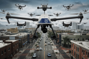Police drone surveillance is on the rise in Californian city, raising privacy concerns. A digital image depicting multiple drones equipped with cameras and sensors hovering over a city street. The central drone prominently displays a police badge, suggesting it is part of a law enforcement surveillance operation. The setting is an urban environment with a mixture of residential and commercial buildings, and cars moving along the street below. The overall scene conveys a sense of advanced surveillance technology used in urban policing.