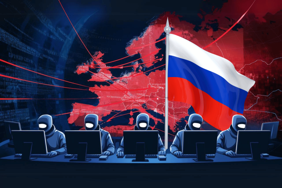 Pro-Russian hackers target European elections with widespread DDoS attacks. The image depicts a scene with multiple individuals seated at computer terminals, all wearing hooded attire with their faces obscured, giving the impression of anonymity. In the background, there is a red-tinted map of Europe with digital elements, such as lines and binary code, suggesting a cyber environment. A prominent Russian flag is displayed on the right side of the image, indicating a connection to Russia. The overall theme of the image suggests cyber activity, likely hacking or cyberattacks, with a focus on Europe.