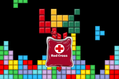 Red Cross and Tetris join forces to boost blood donations. This image creatively combines elements of the classic video game Tetris with the emblem of the Red Cross. In the backdrop, colorful Tetris blocks are arranged in a scattered fashion against a black background, with some forming the recognizable "Tetris" shapes. In the foreground, a large Red Cross emblem is displayed on a red, badge-like shape with a realistic, draped fabric appearance. This visual metaphor suggests a collaboration or campaign, possibly using the engaging nature of Tetris to promote or raise awareness for the Red Cross's activities, such as blood donations.