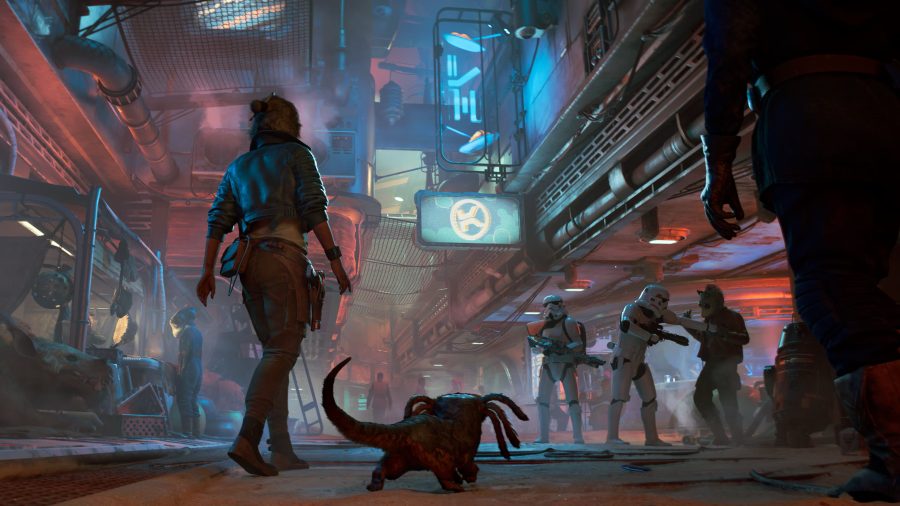 Star Wars Outlaws heroine Kay Vess and her nonhuman companion Nix explore the neon-lit underbelly of Nar Shadaa, a smuggler's paradise, in Ubisoft's Star Wars Outlaws