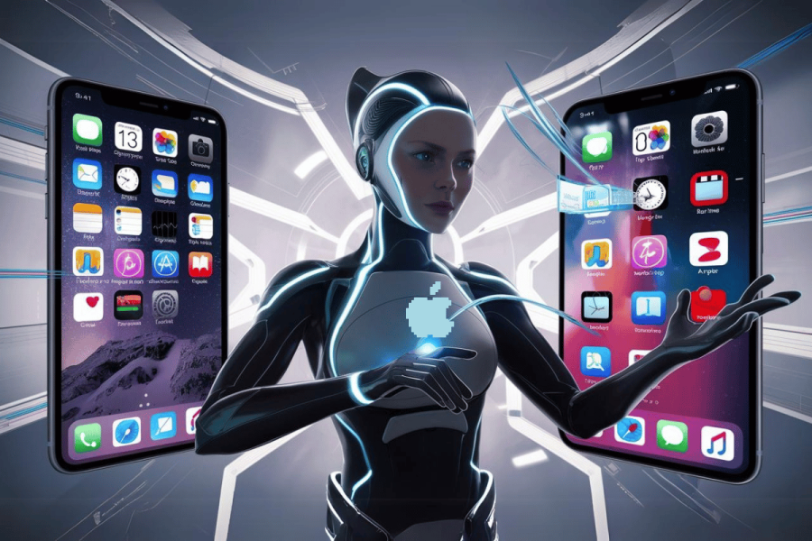 Siri gets major upgrade in iOS 18 with generative AI and expanded app interactions. A digital artwork depicting a futuristic setting with a humanoid robot, possibly an advanced AI or assistant. The robot is sleek and metallic, with glowing blue accents, positioned between two giant smartphone screens, each displaying a colorful array of app icons. The scene conveys a high-tech environment, suggesting a theme of sophisticated technological integration and possibly an advertisement or concept for a next-generation digital assistant.