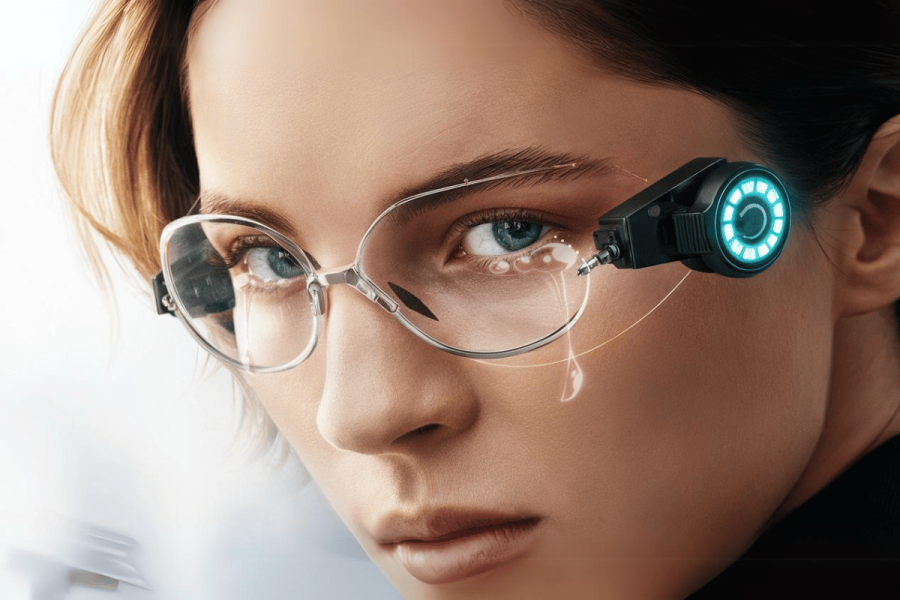 Smart contact lenses battery powered by tears was inspired by Mission Impossible. Woman wearing smart contact lenses with glasses frame and battery whilst crying.