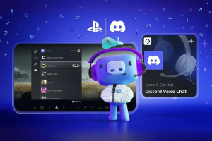 Sony PlayStation expands Discord integration with PS5, simplifying voice chat access. This image features a promotion for Discord voice chat integration on a PlayStation interface. The central focus is a cute, cartoon-style mascot, resembling a robot with a PlayStation logo, wearing a headset. The background includes elements typical of the PlayStation user interface, such as the familiar blue theme and triangle, circle, cross, and square symbols. To the left, there's a visual representation of the Discord app interface on a mobile device, displaying various voice chat groups. To the right, a larger screen highlights the Discord voice chat feature named 