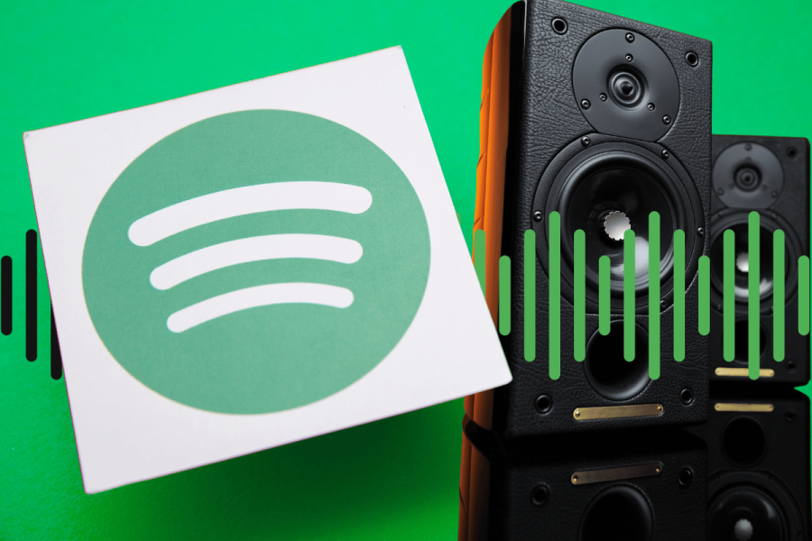 Spotify may be launching a new HiFi premium plan with potential price increase. An image of a Spotify logo placed on a vibrant green background, with graphic elements representing sound waves extending from the logo. To the right, there are black speakers with orange accents, suggesting a high-quality audio experience, possibly relating to a new feature or product launch related to music streaming.