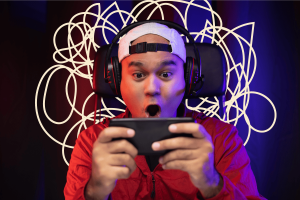 Study finds playing video games does not affect adult gamers' mental health. A young Asian man is intensely focused on his gaming handheld, his mouth open in excitement. He wears a red jacket, white baseball cap, and headphones. The background is vividly lit in blue and red, with abstract white line drawings adding dynamic visual interest.