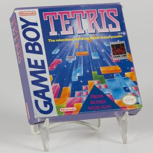 picture of an original Game Boy game pack for Tetris, a launch title for the Nintendo handheld platform in 1989