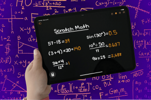 Users rejoice as Apple unveils long-awaited calculator app for iPad in iPadOS 18. An image of a hand holding an iPad displaying a mathematics application called "Scratch Math". The app features various mathematical calculations on a dark mode interface, such as simple arithmetic, trigonometric functions, and algebraic equations. The background is vibrant, covered with numerous mathematical formulas and symbols in neon colors, emphasizing a focus on math and problem-solving.