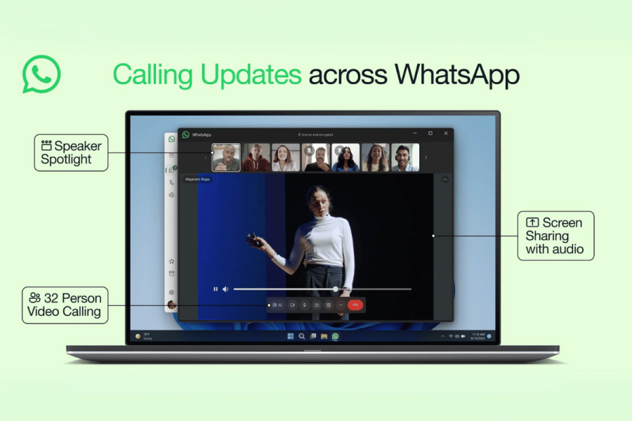 WhatsApp update adds three new features for better group video calls. This image showcases the new calling features available on WhatsApp. It features a laptop screen displaying a video call with multiple participants, indicating the capability for up to 32-person video calls. On the left side of the screen, three key updates are highlighted: "Speaker Spotlight", "32 Person Video Calling", and "Screen Sharing with audio". These features are designed to improve the group call and video chat experience, making it easier to manage and more interactive. The background and overall layout are clean and professional, with WhatsApp branding prominently displayed.