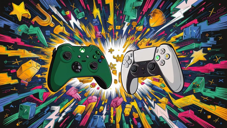 A captivating and lively illustration for an advertisement showcasing an epic sale on Xbox and PS5 games. The image is a burst of energetic colors, with game controllers for Xbox and PS5 at the center. Surrounding the controllers are a whirlwind of colorful shapes and patterns, including stars, lightning bolts, and digital pixels. The overall feel of the advertisement is vibrant and dynamic, enticing potential customers to take advantage of the massive sale., vibrant, illustration