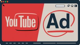 a computer with the youtube logo on the left side of the screen. on the right side, the word 'ad' with a red circle around it