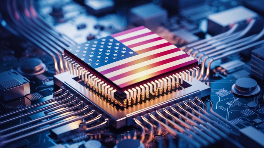 A stunning, high-resolution 3D render of a semiconductor chip being carefully fused into a sophisticated motherboard. The chip bears the bold, vibrant colors of the USA flag, symbolizing the innovative spirit of American technology. The motherboard, filled with intricate circuits and components, reflects a complex network of interconnected systems. The overall ambiance of the image is futuristic and advanced, with a sense of precision and accomplishment., 3d render, vibrant