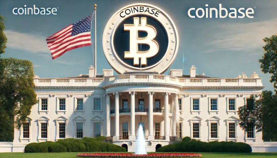 An image of the White House with a large Coinbase logo on its facade, symbolizing the growing influence of cryptocurrency in American politics and the potential acceptance of crypto donations by both major candidates.