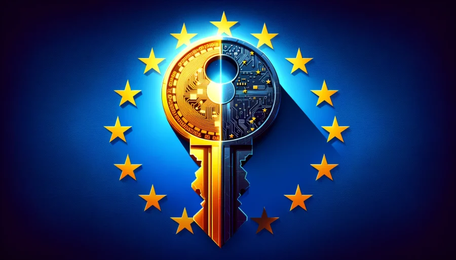 A digital illustration of a cryptographic key, half shining in gold representing the positive applications, and the other half in a dark, ominous color representing the potential for misuse. The key is set against a backdrop of the European Union flag.