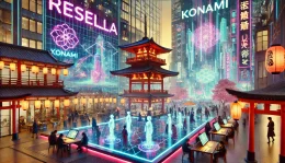Futuristic digital marketplace with neon signs reading "Resella" and "Konami," featuring floating NFT artworks and Japanese-inspired architecture in the background.