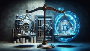 A split image showing a bank vault on one side and a digital cryptocurrency wallet on the other, with a balance scale in the center, representing the debate over SAB 121's impact on financial institutions and crypto companies.