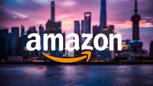 amazon logo in front of slightly blurred Shanghai cityscape, cinematic