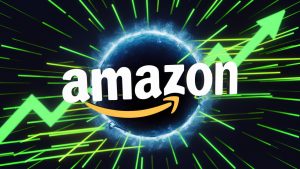 Amazon logo surrounded by a blue aura. In colourful background green lines heading upwards like stock graphs are seen, 3d render, vibrant