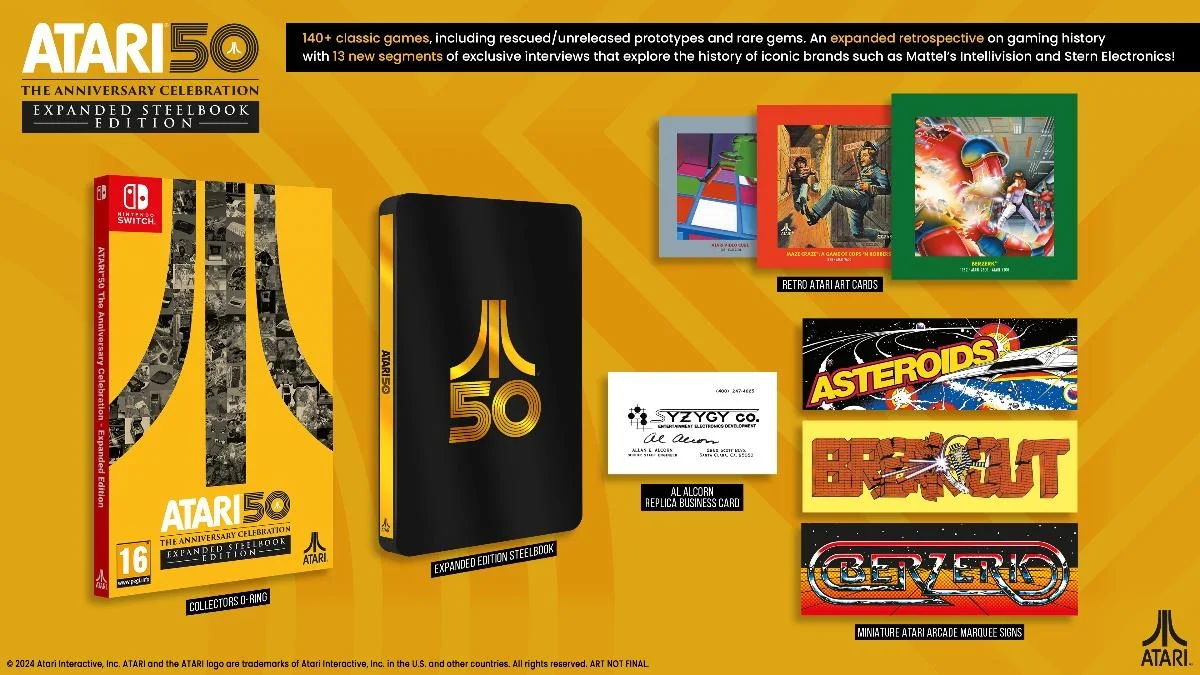 kartu promosi yang menunjukkan semua premium yang tersedia dalam Atari 50: The Anniversary Celebration Expanded Edition yang dirilis ulang diluncurkan 25 Oktober 2024