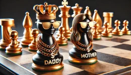 A chessboard with the DADDY token as the king piece and the MOTHER token as the queen, both pieces adorned with gold chains and sunglasses, 3D render.