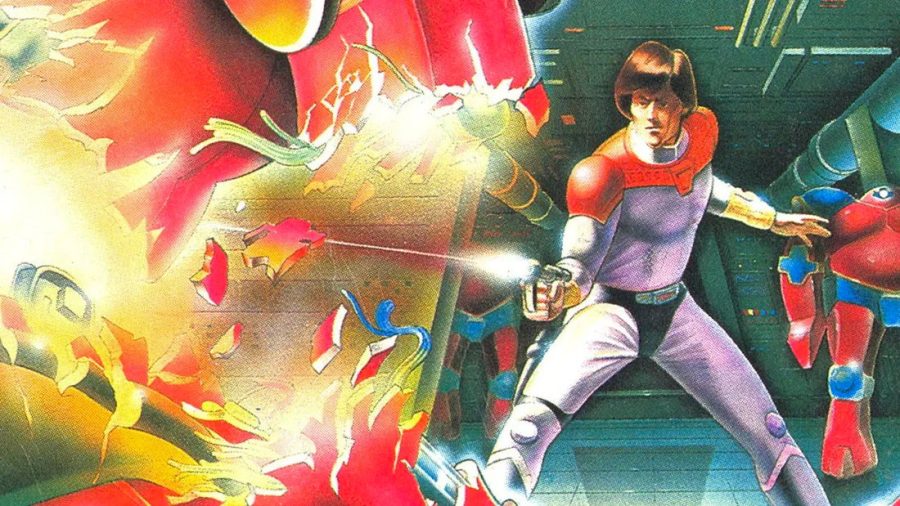 a Kyle MacLachlan look-alike in a bowl haircut, dressed in a futuristic costume destroys a robot with a hip shot from his pistol in the cover art for Berzerk (Atari 2600, 1982)