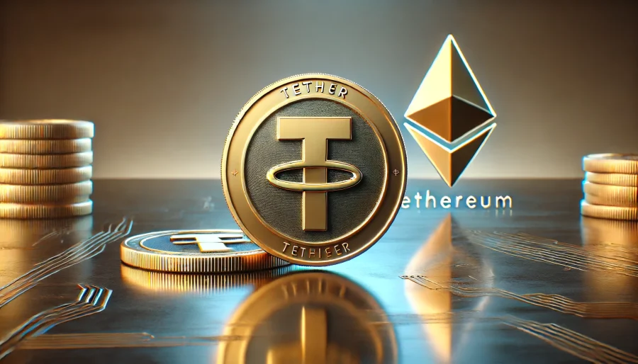 A shiny gold coin with the Tether logo on one side and a stylized digital dollar symbol on the other, resting on a sleek, futuristic surface with a subtle Ethereum logo in the background.