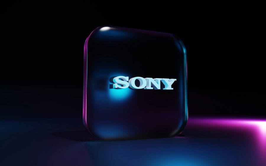 Sony logo on a cube, highlighted by a purple glow