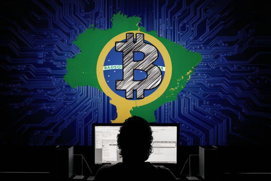 bitcoin logo against a silhouette of the nation of brazil, on a computer screen, with someone looking up at it, back to the viewer