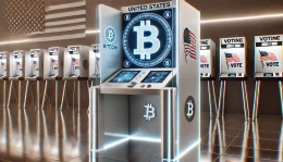 A futuristic United States voting booth with screens displaying bitcoin logos