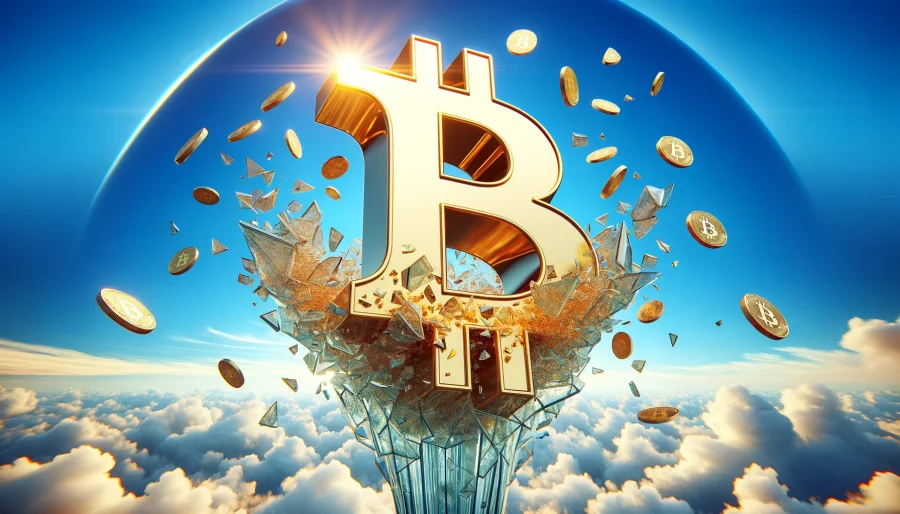 A towering bitcoin symbol made of gleaming gold breaks through a glass ceiling, shattering it into countless pieces against a vibrant blue sky with fluffy white clouds, symbolizing the record-breaking open interest in Bitcoin futures.