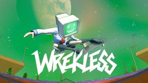 wrekless cover art features a skater with a computer for a head doing a trick over the title of the game